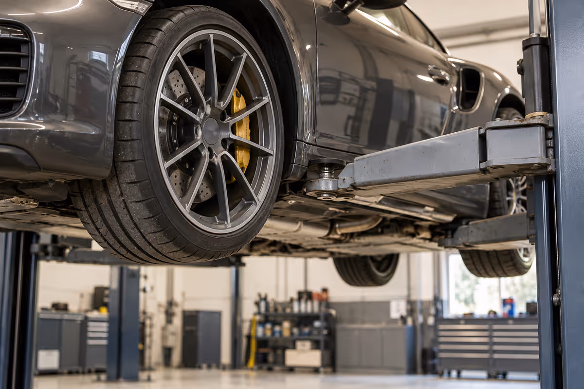 Close-up of a Porsche wheel and underbody on a workshop lift